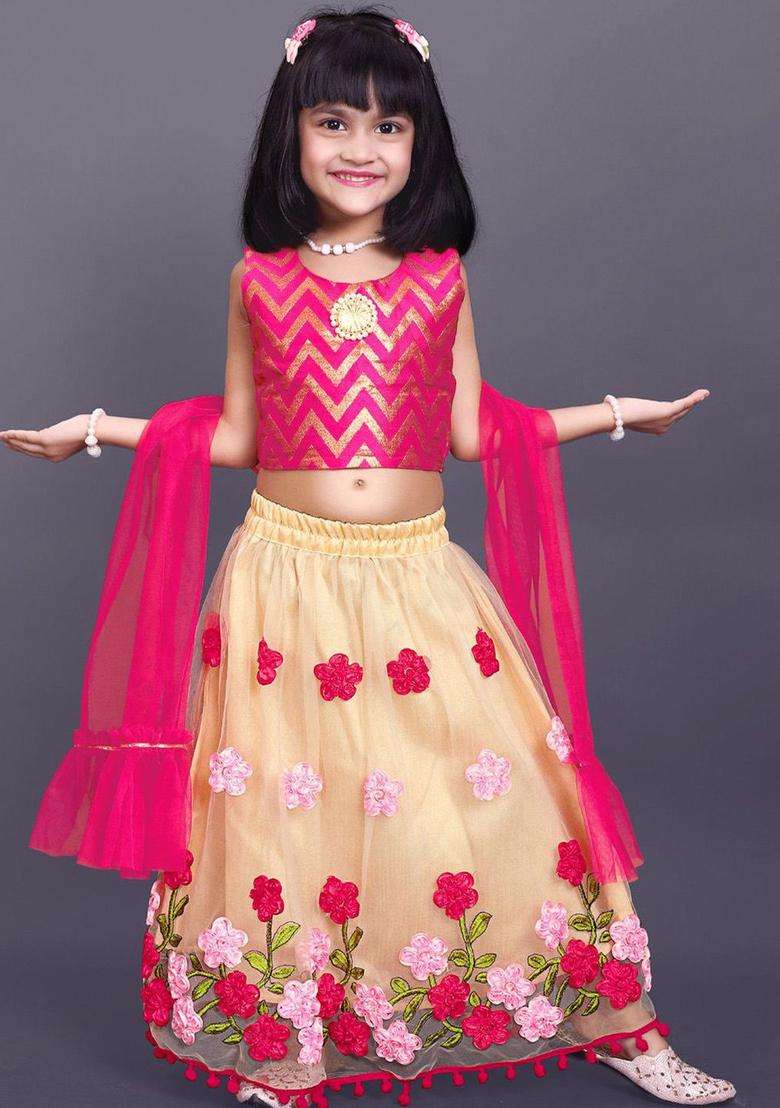Beige Woven Design Net Lehenga Set For Girls - Indya