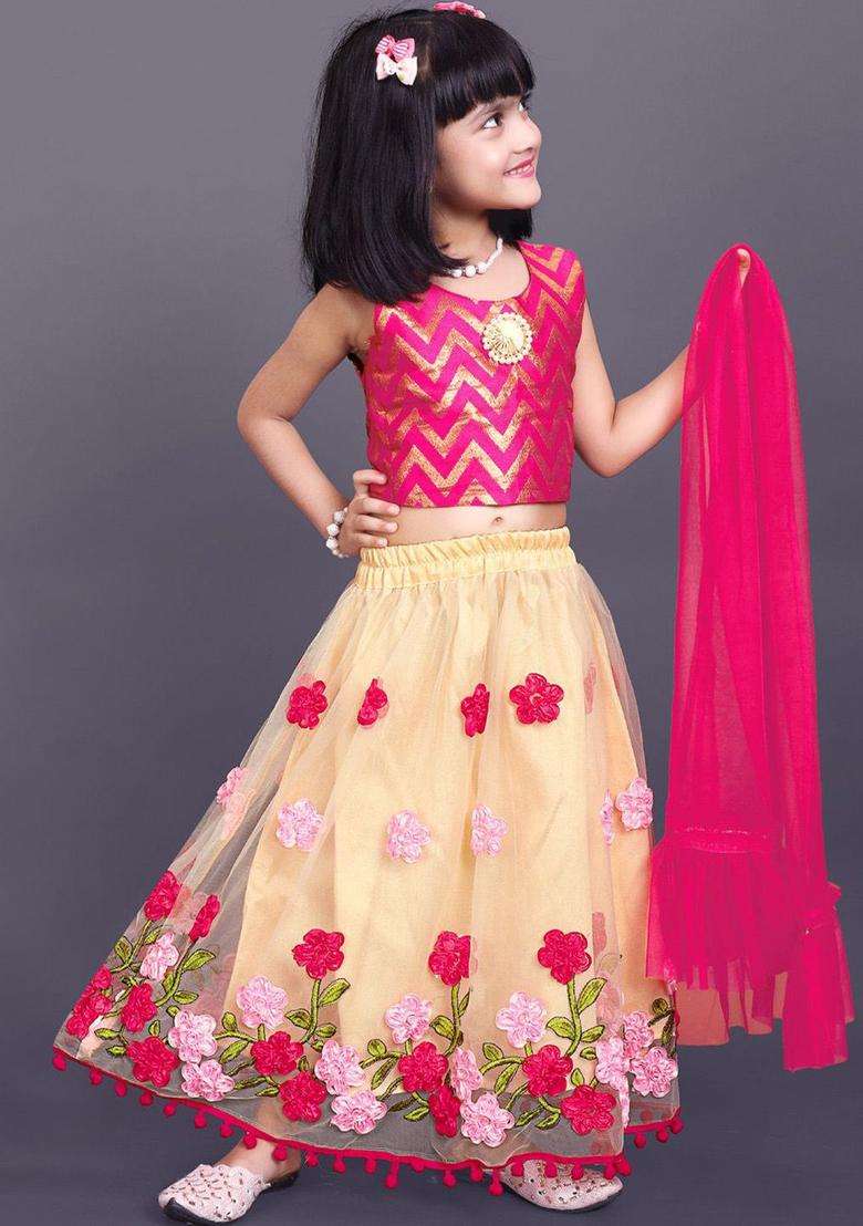 Beige Woven Design Net Lehenga Set For Girls - Indya