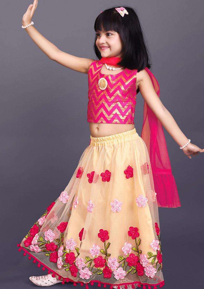 Beige Woven Design Net Lehenga Set For Girls - Indya
