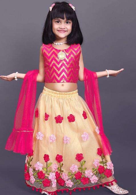 Beige Woven Design Net Lehenga Set For Girls