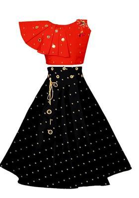 Red Embellished Silk Lehenga Set For Girls