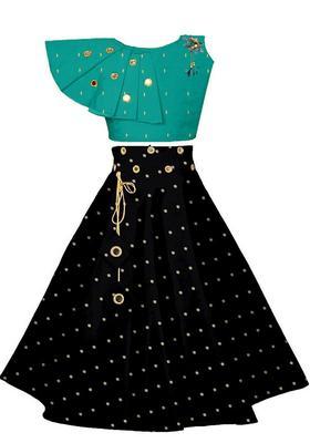 Green Embellished Silk Lehenga Set For Girls