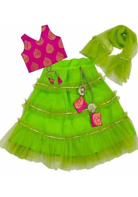 Green Solid Net Lehenga Set For Girls — view on Indya