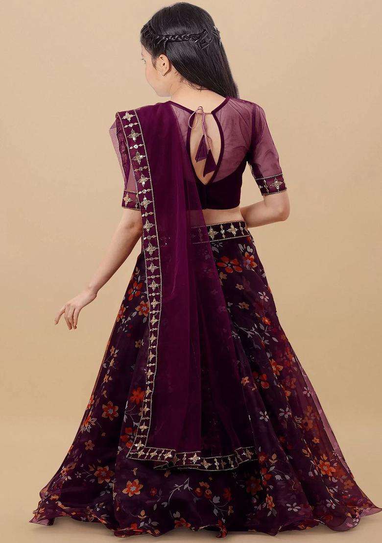 Purple Embellished Organza Lehenga Set For Girls - Indya