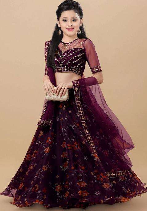 Purple Embellished Organza Lehenga Set For Girls