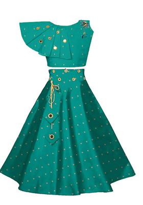 Green Embroidered Silk Lehenga Set For Girls