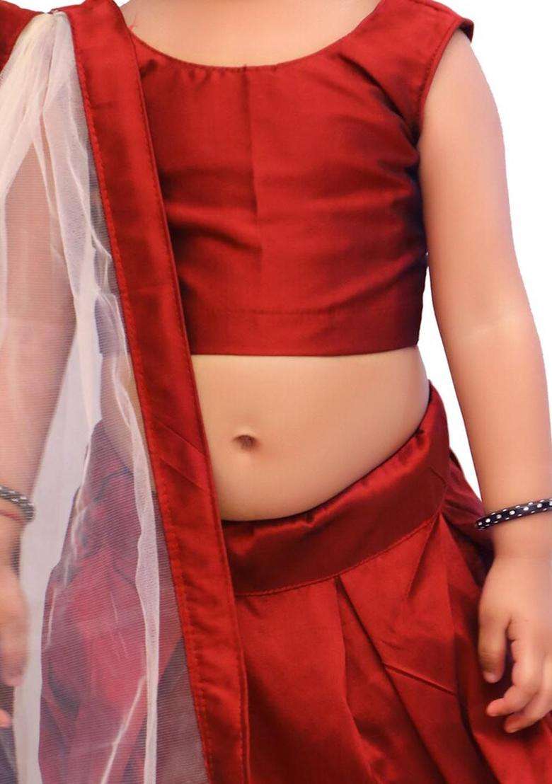 Maroon Solid Satin Lehenga Set For Girls - Indya