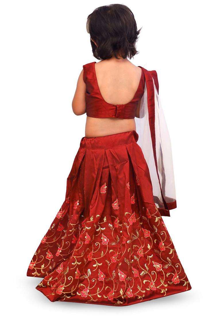 Maroon Solid Satin Lehenga Set For Girls - Indya