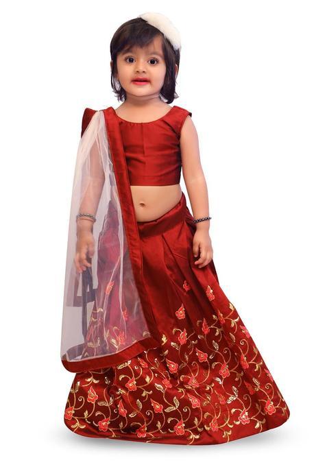 Maroon Solid Satin Lehenga Set For Girls — view on Indya