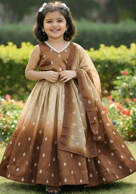 Brown Embellished Silk Lehenga Set For Girls