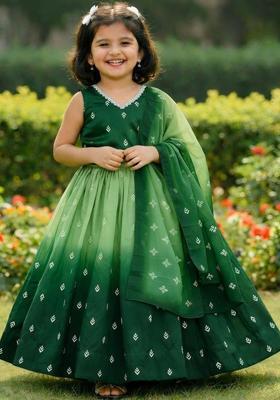 Green Embroidered Silk Lehenga Set For Girls