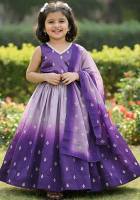 Purple Embroidered Silk Lehenga Set For Girls