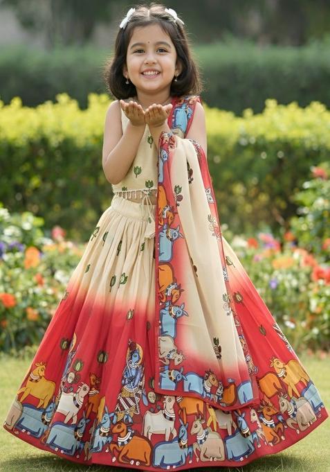 Beige Printed Silk Lehenga Set For Girls — view on Indya