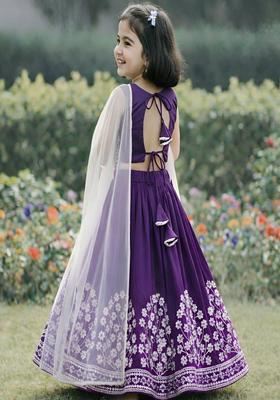 Purple Embroidered Silk Lehenga Set For Girls