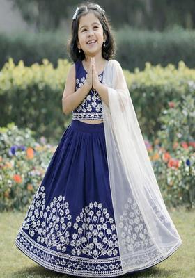 Blue Embroidered Silk Lehenga Set For Girls
