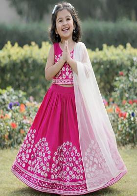 Pink Embroidered Silk Lehenga Set For Girls