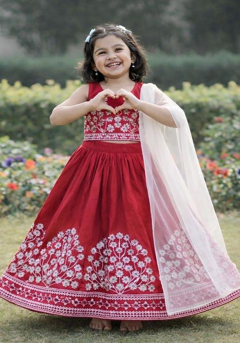Red Embroidered Silk Lehenga Set For Girls — view on Indya