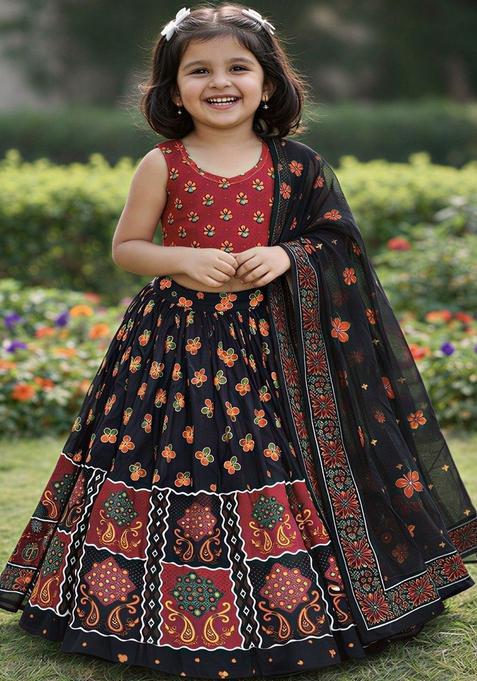 Black Printed Cotton Lehenga Set For Girls — view on Indya