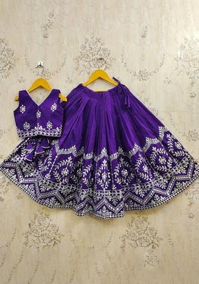 Purple Embroidered Silk Lehenga Set For Girls