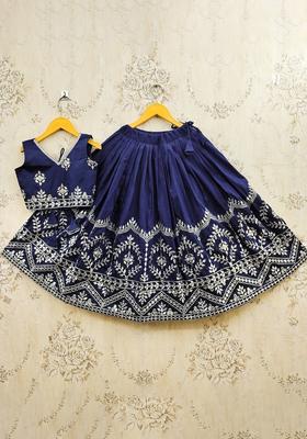 Blue Embroidered Silk Lehenga Set For Girls
