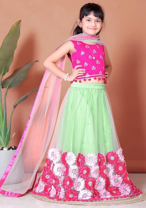 Green Embellished Net Lehenga Set For Girls — view on Indya
