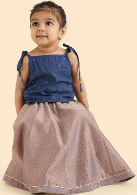 Blue Woven Design Cotton Lehenga Set For Girls