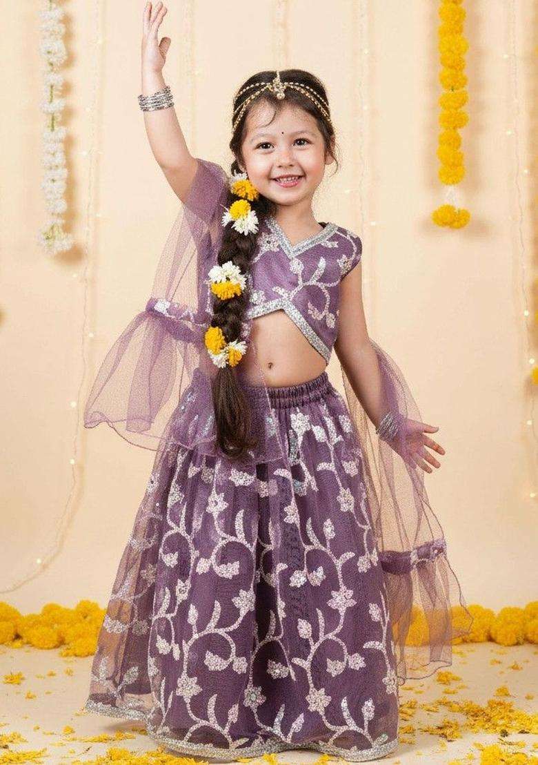 Purple Embellished Net Lehenga Set For Girls - Indya
