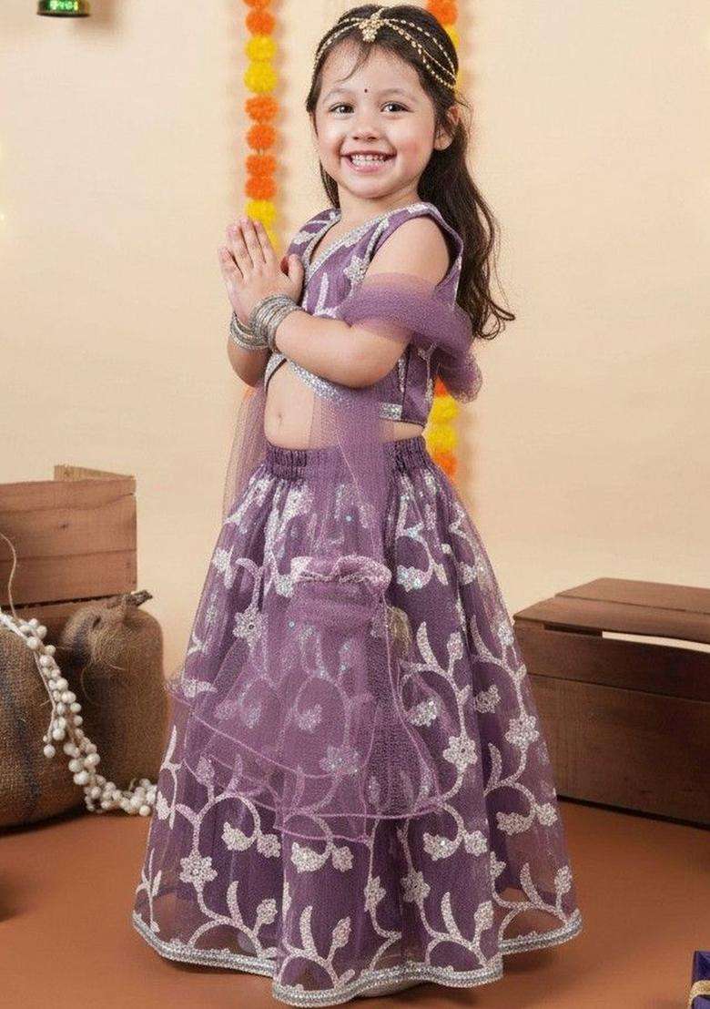 Purple Embellished Net Lehenga Set For Girls - Indya