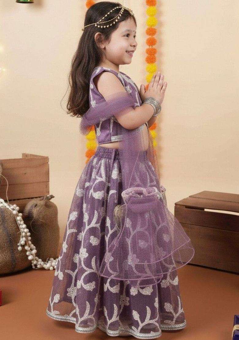 Purple Embellished Net Lehenga Set For Girls - Indya