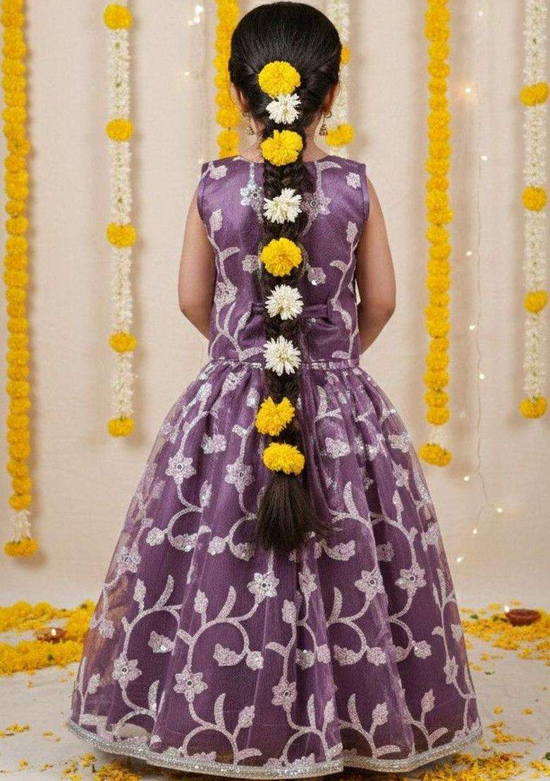 Purple Embellished Net Lehenga Set For Girls - Indya
