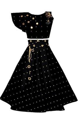Black Embellished Silk Lehenga Set For Girls