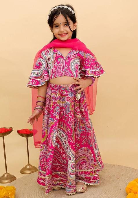 Pink Printed Cotton Lehenga Set For Girls — view on Indya