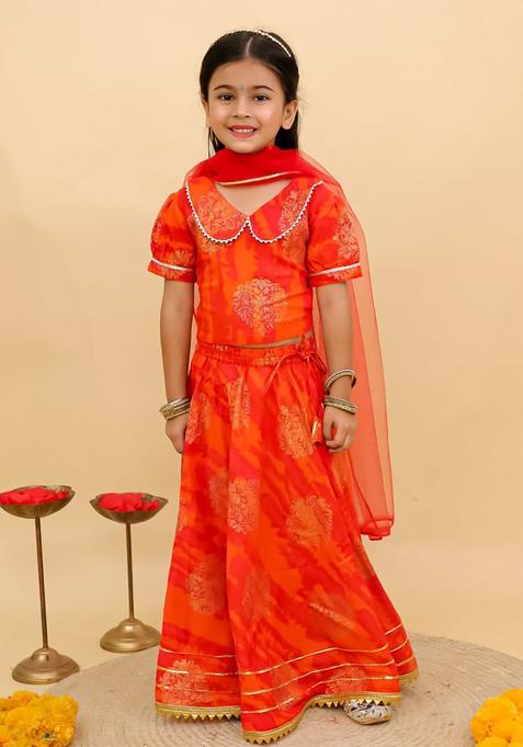 Red Printed Cotton Lehenga Set For Girls — view on Indya