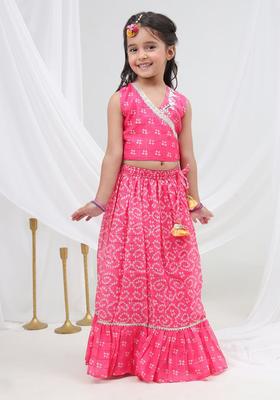 Pink Printed Polyester Lehenga Set For Girls