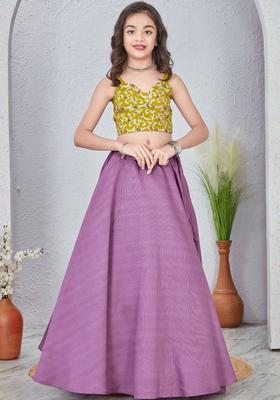 Green Embroidered Silk Lehenga Set For Girls
