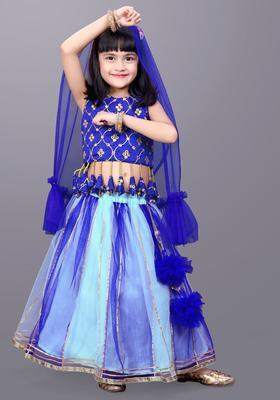 Blue Embroidered Net Lehenga Set For Girls