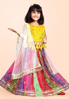 Yellow Embroidered Silk Lehenga Set For Girls
