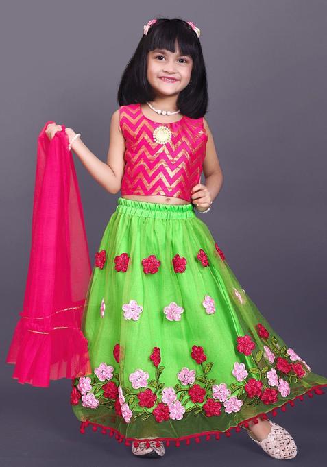 Green Woven Design Net Lehenga Set For Girls — view on Indya