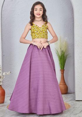 Green Embroidered Silk Lehenga Set For Girls