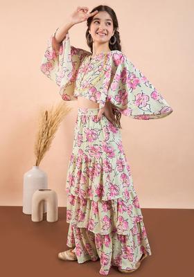Green Printed Crepe Lehenga Set For Girls
