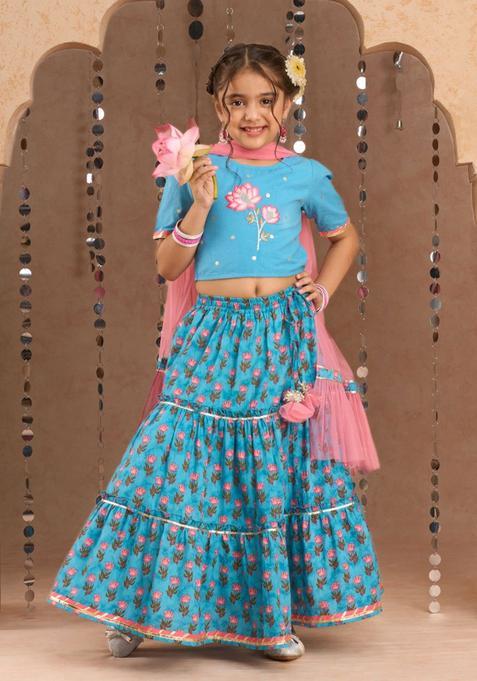 Blue Printed Cotton Lehenga Set For Girls — view on Indya