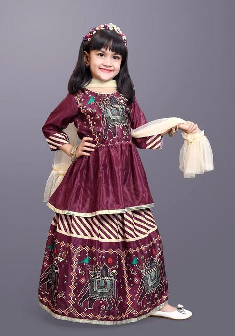 Maroon Printed Georgette Lehenga Set For Girls — view on Indya