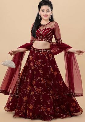 Maroon Embroidered Organza Lehenga Set For Girls