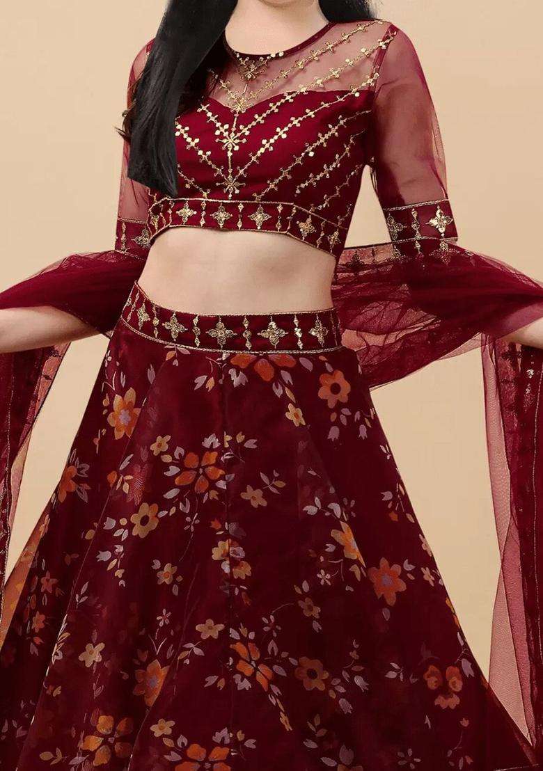 Maroon Embroidered Organza Lehenga Set For Girls - Indya
