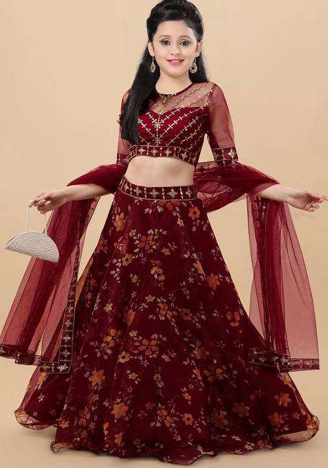 Maroon Embroidered Organza Lehenga Set For Girls