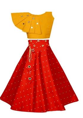 Yellow Embroidered Silk Lehenga Set For Girls