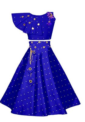Blue Embroidered Silk Lehenga Set For Girls