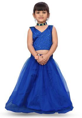 Blue Embroidered Net Lehenga Set For Girls
