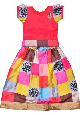 Red Solid Satin Lehenga Set For Girls