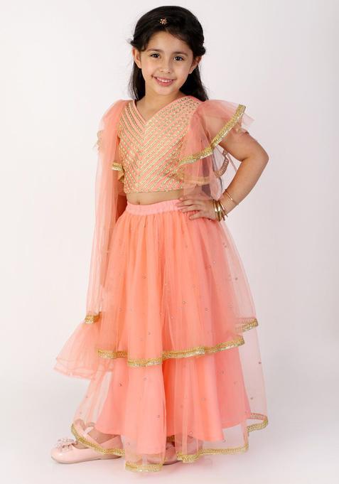 Peach Embellished Silk Lehenga Set For Girls — view on Indya